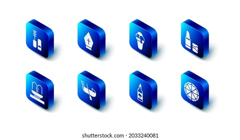 Set Pope hat, Ice cream, Lipstick, Pizza, Bottle of olive oil, Gondola, Fountain and Mascara brush icon. Vector