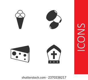 Set Pope hat, Ice cream in waffle, Cheese and Olives icon. Vector