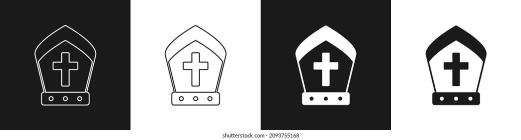 Set Pope hat icon isolated on black and white background. Christian hat sign.  Vector