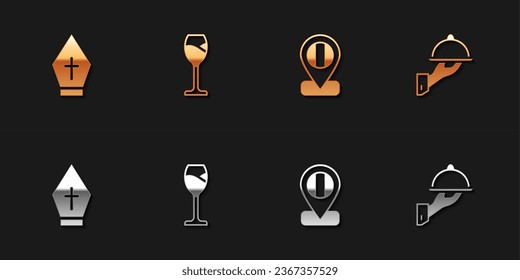 Set Pope hat, Wine glass, Location flag Italy and Covered with tray of food icon. Vector