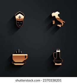 Set Pope, Map of Italy, Coffee cup and Bottle olive oil icon with long shadow. Vector