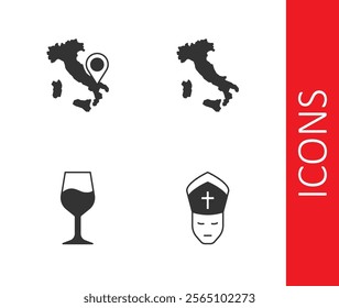 Set Pope, Map of Italy, Wine glass and  icon. Vector