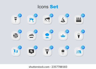 Set Pope, Pasta spaghetti, Wine glass, Flag Italy, Coliseum, Ice cream waffle, Carnival mask and Italian cook icon. Vector