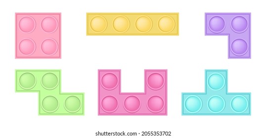 Set aus Steinen aus Pappit - trendige Silikon-Fidget-Spielzeuge. Antistress-Suchtmittel für Fidget in Pastellfarben. Bubble sensorische Entwicklung Popit für Kinder Finger. Einziger Cartoon, Vektorgrafik.