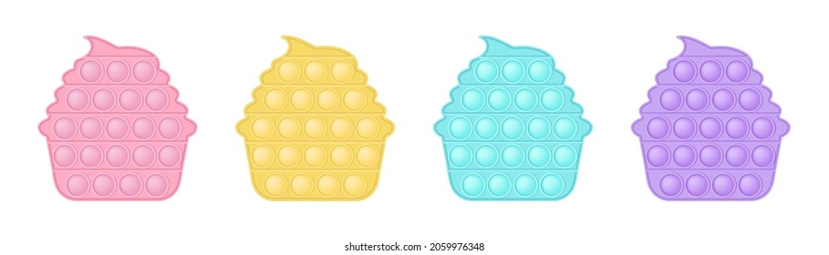Set of popit cake in style a fashionable silicon fidget toys. Addictive antistress toy in pastel colors - pink, blue, yellow, purple. Bubble sensory developing pop it for kids fingers. Isolated vector