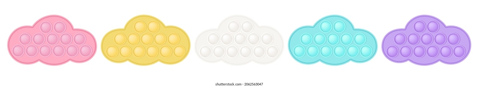 Set of popit clouds as a fashionable silicon fidget toys. Antistress toy for fidget in pastel rainbow colors. Bubble sensory popit toy. Vector illustration isolated on a white background.