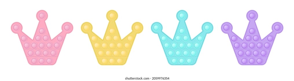 Set of popit crown in style a fashionable silicon fidget toys. Addictive antistress toy in pastel colors - pink, blue, yellow, purple. Bubble sensory developing pop it for kids fingers. Isolated