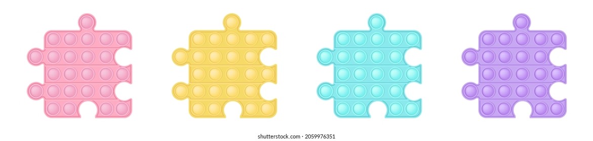 Set of popit puzzle in style a fashionable silicon fidget toys. Addictive antistress toy in pastel colors - pink, blue, yellow, purple. Bubble sensory developing pop it for kids fingers. Isolated