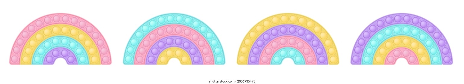 Set of popit rainbows as a fashionable silicon fidget toys. Antistress toy for fidget in pastel colors. Bubble sensory popit toy. Vector illustration isolated on a white background.