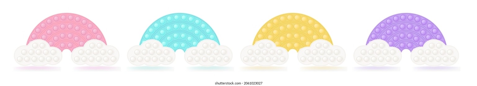 Set of popit rainbows on the clouds as a fashionable silicon fidget toys. Antistress toy for fidget in pastel colors. Bubble sensory popit toy. Vector illustration isolated on a white background.