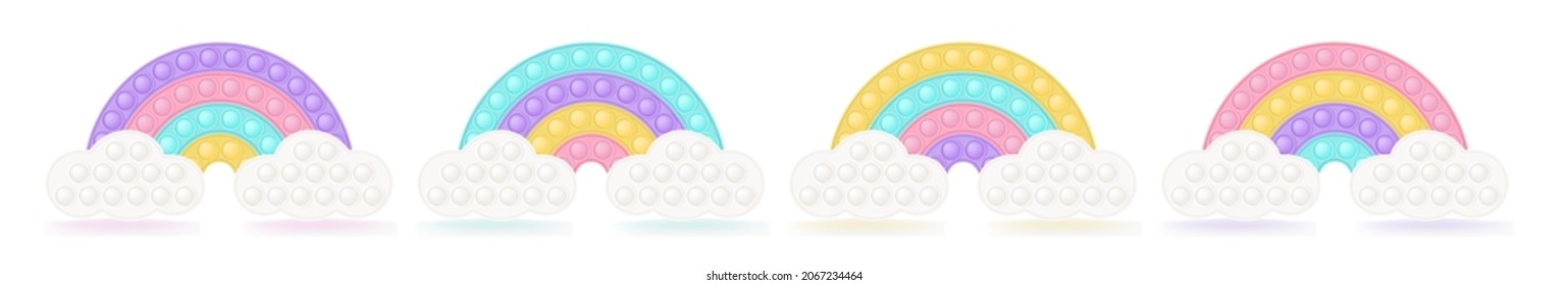 Set of popit rainbows on the clouds as a fashionable silicon fidget toys. Antistress toy for fidget in pastel colors. Bubble sensory popit toy. Vector illustration isolated on a white background.