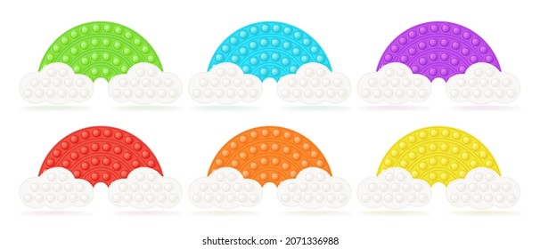 Set of popit rainbows on the clouds as a fashionable silicon fidget toys. Antistress toy for fidget in bright colors. Bubble sensory popit toy. Vector illustration isolated on a white background.