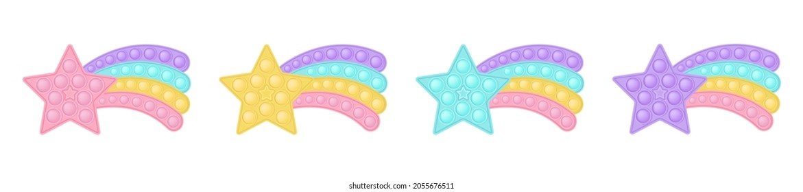 Set of popit stars with a rainbow tail in style a fashionable silicon fidget toys. Antistress toy in pastel colors - pink, blue, yellow, purple. Bubble sensory pop it. Isolated vector illustration.