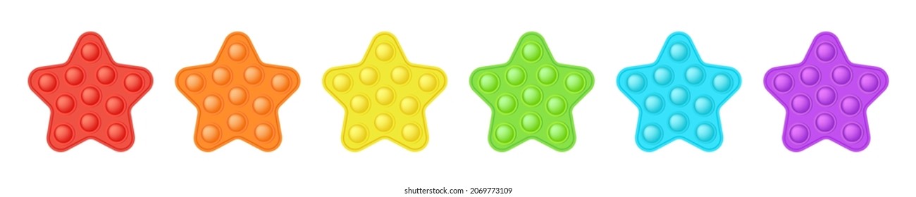 Set of popit stars in style a fashionable silicon fidget toys. Addictive antistress toy in bright colors - red, orange, blue, green, yellow, purple. Bubble pop it for kids. Isolated vector