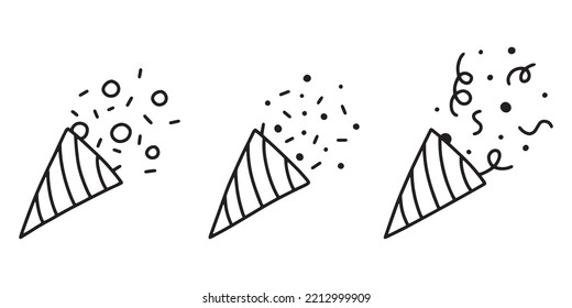 Set of popper confetti. confetti isolated, explosion, fireworks, holiday. vector drawing. hand drawn style. Doodle style