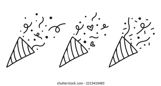 Set of popper confetti. confetti isolated, explosion, fireworks, holiday. vector drawing. hand drawn style. Doodle style