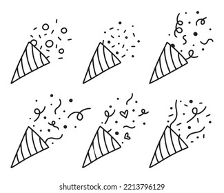 Set of popper confetti. confetti isolated, explosion, fireworks, holiday. vector drawing. hand drawn style. Doodle style