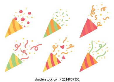 Set of popper confetti. confetti isolated, explosion, fireworks, holiday. vector drawing. hand drawn style. Cartoon style.