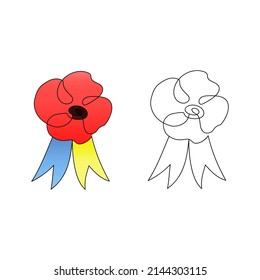 Set of poppies flowers with ribbons in the color of the Ukrainian flag drawn in one line. In color and without. Minimalist art memory symbol. For remembrance day. Hand drawn. Vector illustration.