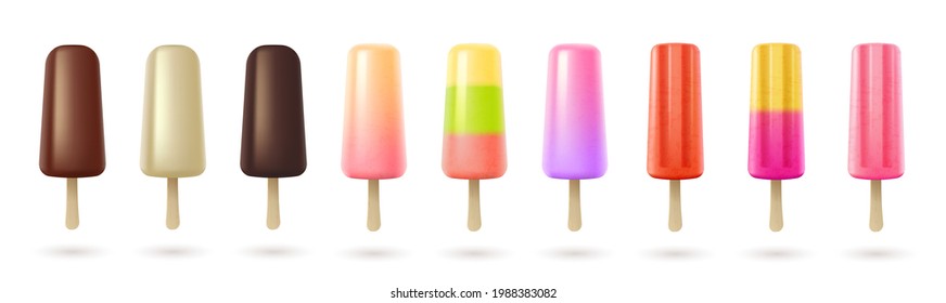 Set of popsicle, fruit frozen ice and eskimo sundae ice cream on wooden sticks isolated on white background. Realistic delicious summer dessert collection. 3d vector illustration