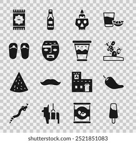 Set Popsicle ice cream, Hot chili pepper pod, Cactus, Burning candle on skull, Aztec mask, Flip flops, Mexican carpet and drum icon. Vector