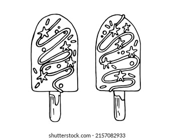 Set Popsicle ice cream with icing and sprinkles. Idea for design, decoration, packaging, coloring.