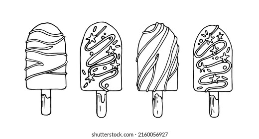 Set Popsicle ice cream with icing and sprinkles. Stylish ice creams for design, packaging, decoration, creativity.