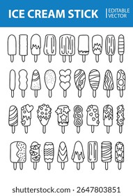 Set of popsicle ice cream Icons line style. Ice Cream Stick Icon Set suitable for alternative design of a black and white line art ice cream stick.
