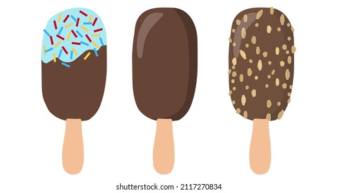 Conjunto de helado de palmita en chocolate de leche, con nueces, con rociadores multicolores. Ilustración del vector
