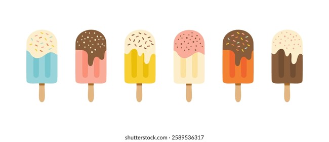 Set of popsicle ice creams with toppings isolated layered flat vectors