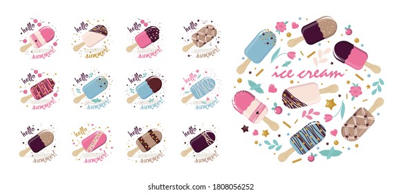 A set of popsicle images with welcome messages. Vector, white background, isolated. 