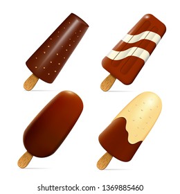  Set of popsicle on a stick. In a chocolate glaze. Topkink cookies and chocolate drops. Realistic 3D. Isolated on white background Vector illustration