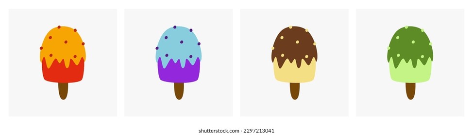 Popsikel mit verschiedenen Aromen. Thema Sommernacht und Getränkedesign. Tropische Früchte, Kaugummi, Schokolade und grüner Teegeschmack, Eiscreme, Clipkunst.