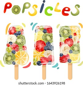 Set of popsicles with berries and fruits isolated on white background.