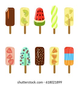 Set of Popsicles with berries and fruits isolated ob white background. Top view ice-cream vector illustration eps 10