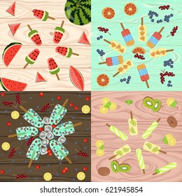 Set of Popsicles with berries and fruits on wooden background. Top view ice-cream vector illustration eps 10
