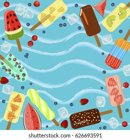 Set of Popsicles with berries and fruits on blue wave background. Top view ice-cream vector illustration eps 10
