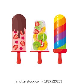 Set of popsicles with berries and fruits, yogurt, milk, juice on a stick isolated on white. Vector illustration, cartoon, object, icon, emblem, summer refreshing ice cream dessert