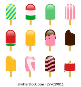 Set of popsicles with different flavors (watermelon, chocolate, strawberry, orange, etc.) White background. Isolated.