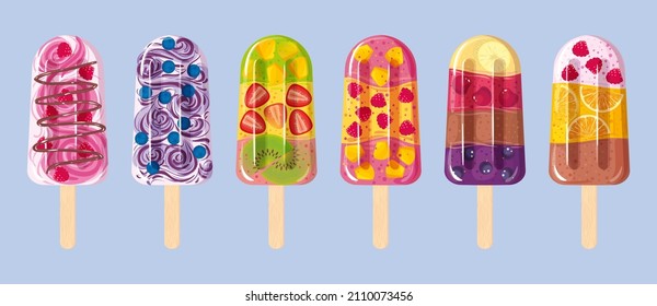 Set von Popsikeln mit exotischen und Gartenbeeren, Jogurt, Schokoladeneis. Hausgemachtes leckeres Yummy-Eis aus verschiedenen Früchten gemischt. Sommerfrische, gesunder, gefrorener Imbiss. Symbol, Symbol, Zeichen