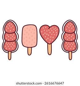 Set of popsicles and strawberry-flavored frozen desserts on sticks. Bright summer sweets with pink and red colors
