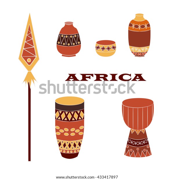 Set Popular African Itemsdecorative Pitchers Drums Stock Vector