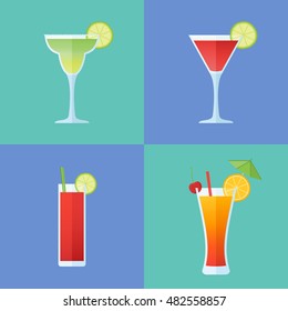 Set of popular alcoholic cocktails. Margarita, cosmopolitan, bloody mary and tequila sunrise. Flat style icons. Vector illustration.