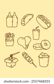 Set of popular American dishes hand drawn illustration Collection of fast food element