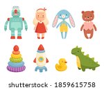 Set of popular childrens toys. Robot, doll, pyramid and other children's figures