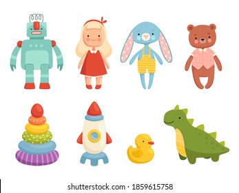 Set of popular childrens toys. Robot, doll, pyramid and other children's figures