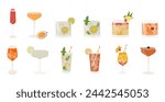 Set of popular classic cocktails. Different alcoholic drinks in various glasses. Summer aperitif garnished with lime twist, orange slice and cherry. Vector illustration of soft and alcohol beverages.