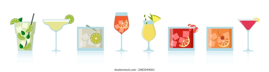 Set of popular classic cocktails. Different alcoholic drinks in various glasses. Vector illustration of soft and alcohol beverages.