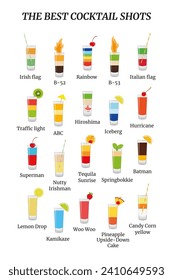 A set of popular cocktail shots for advertising, display, decoration. Vector icons.