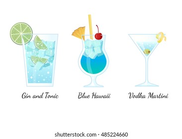 A set of popular cocktails. Blue Hawaii, Gin and Tonic and Vodka Martini. Cocktails for a club party